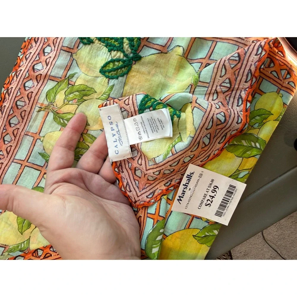 Calypso St. Barth Lemon Print Cotton Sarong Wrap Blue Orange Yellow NWT